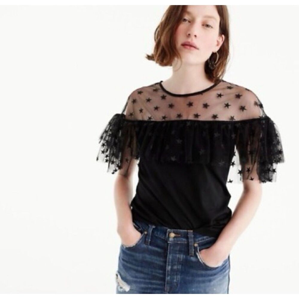 J.Crew Star Sheer Ruffle Sleeve lack Blouse Top